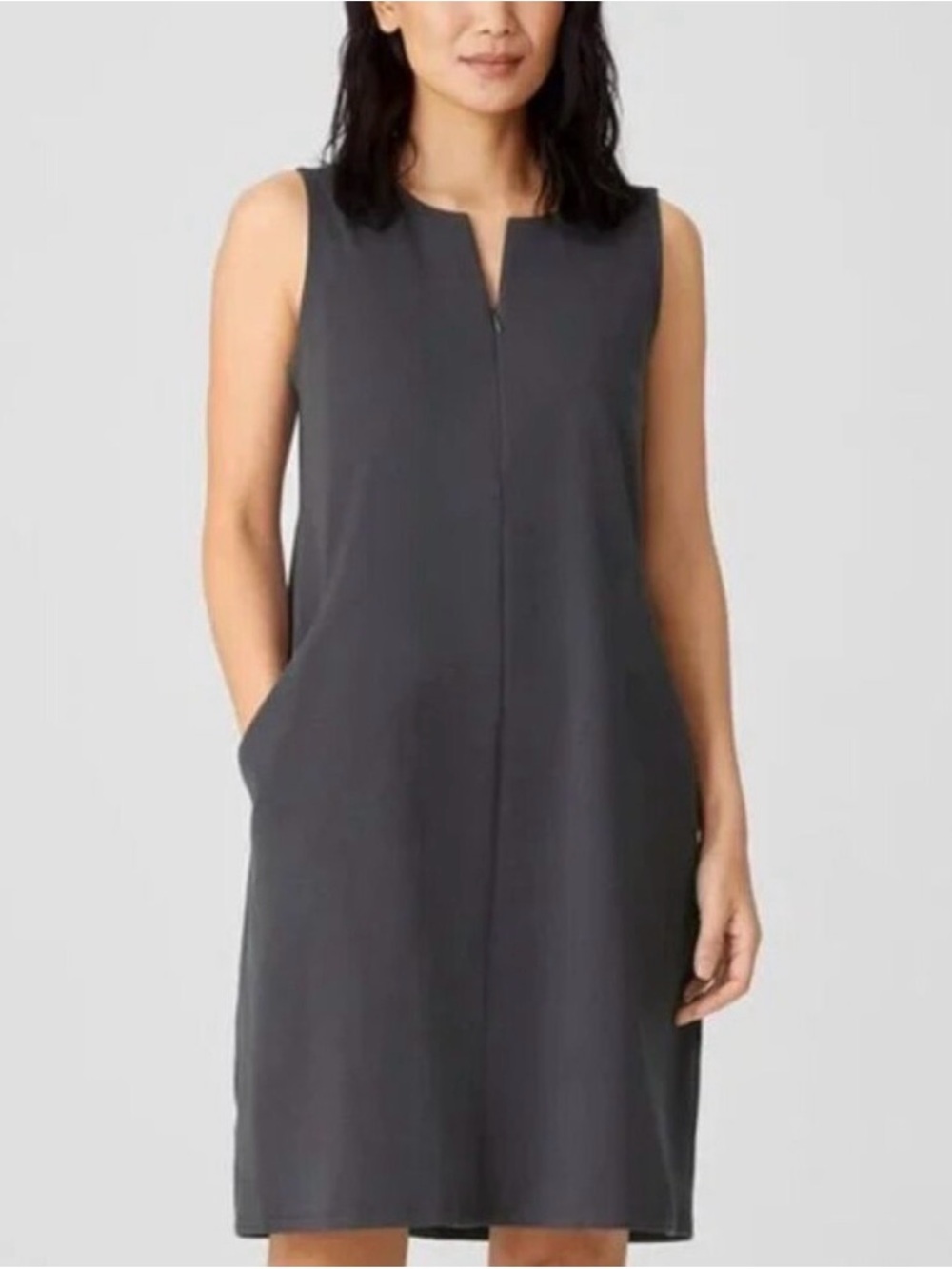 EILEEN FISHER Organic Cotton Blend Ponte Zip Dress Minimalist Clean Girl Gray
